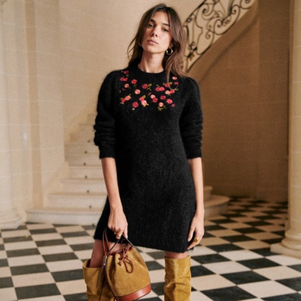 SEZANE Uriel Long Sleeve Dress in Black Multicoloured - NWT ($215 Retail)
